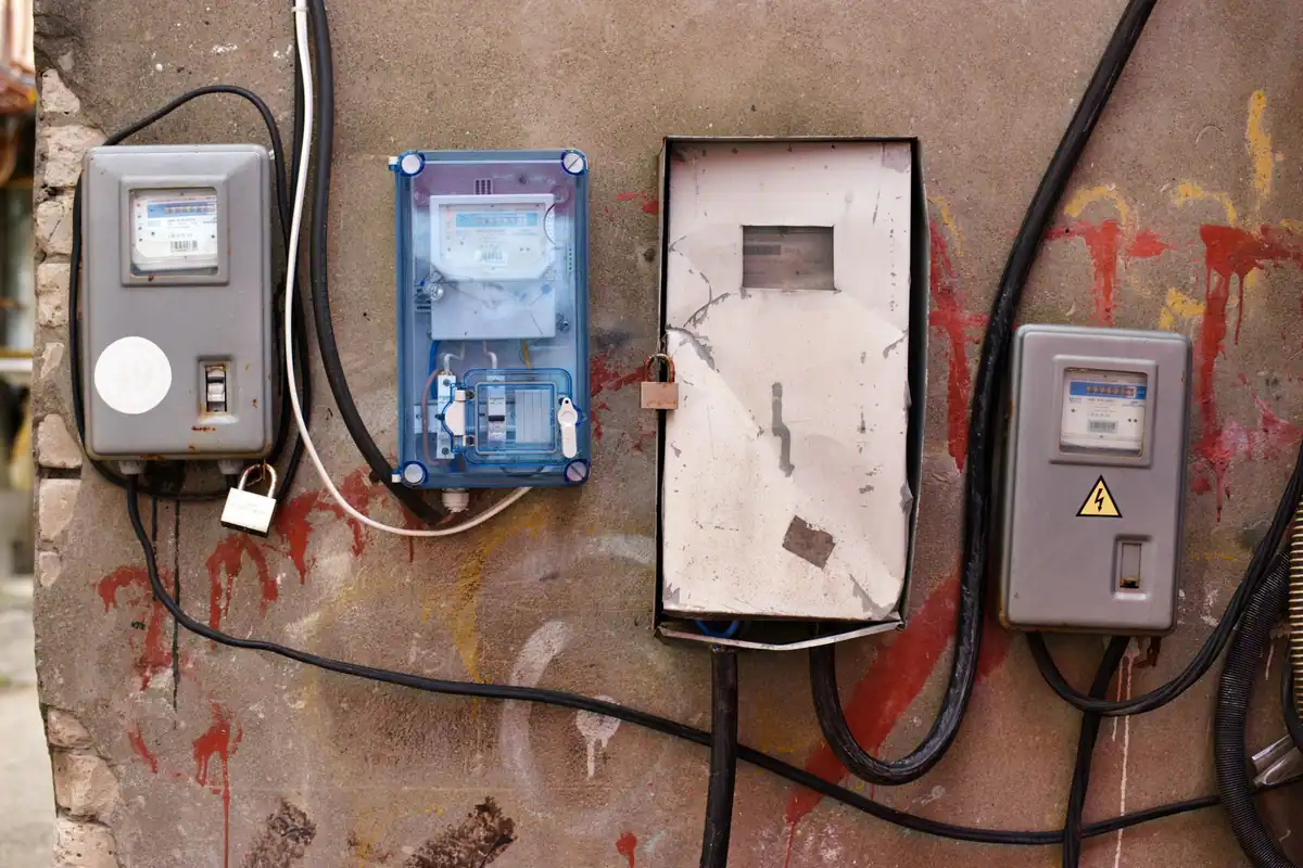 Contoare electrice prinse pe un perete exterior, cu cabluri vizibile