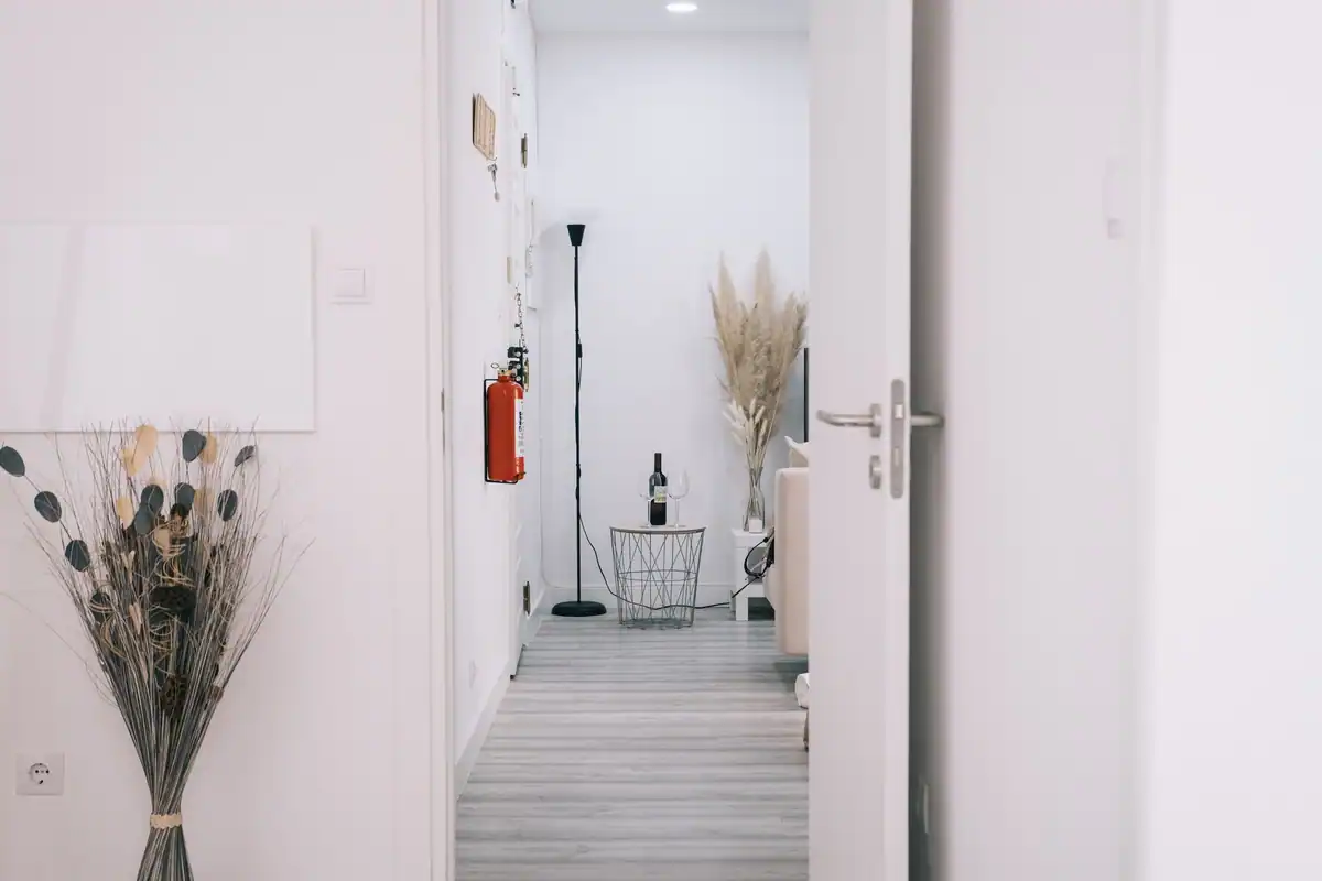 Ușă deschisă într-un interior minimalist cu pereți albi și decorațiuni